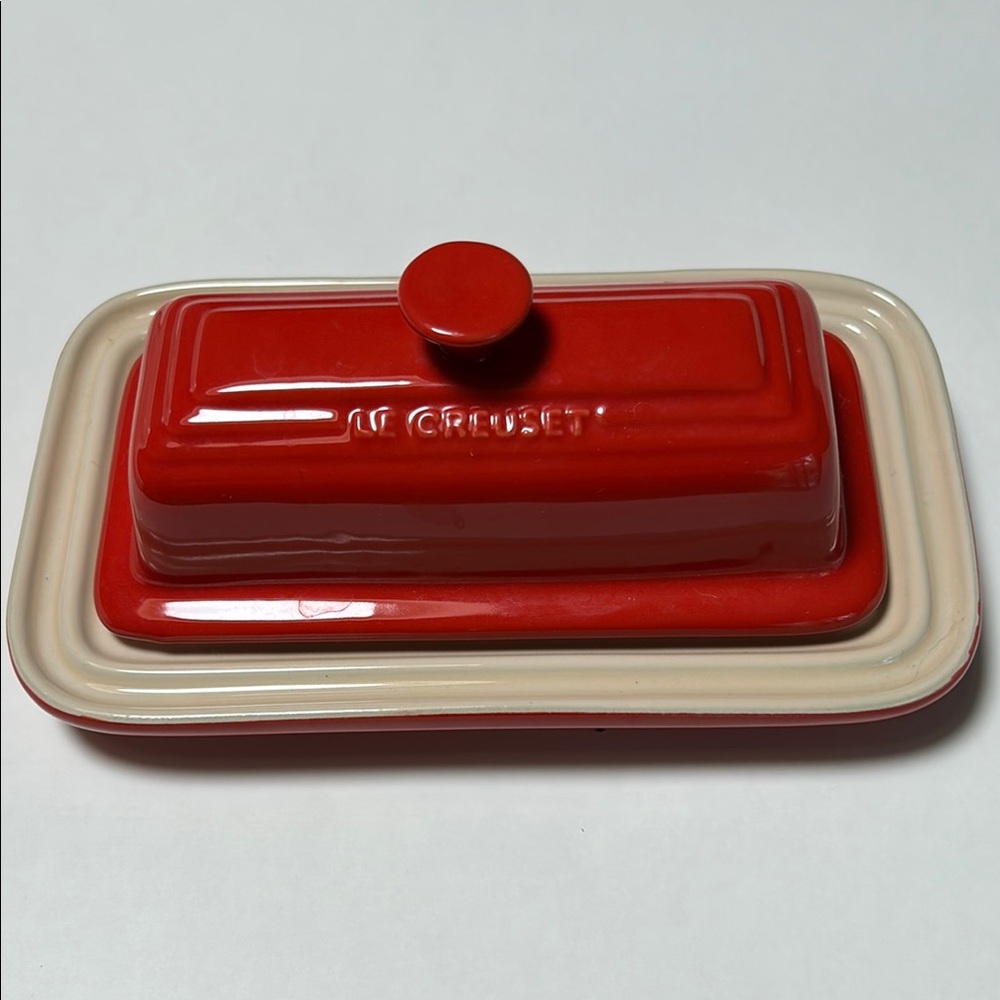 Le Creuset Red and Cream Butter Dish